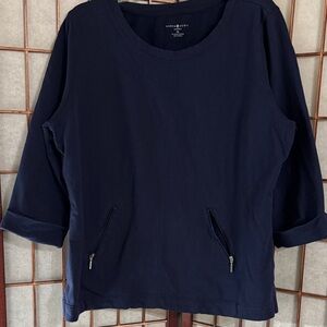 Karen Scott Navy 3/4 Sleeve Pullover with Zip Pocket Accents PTP 22 inches